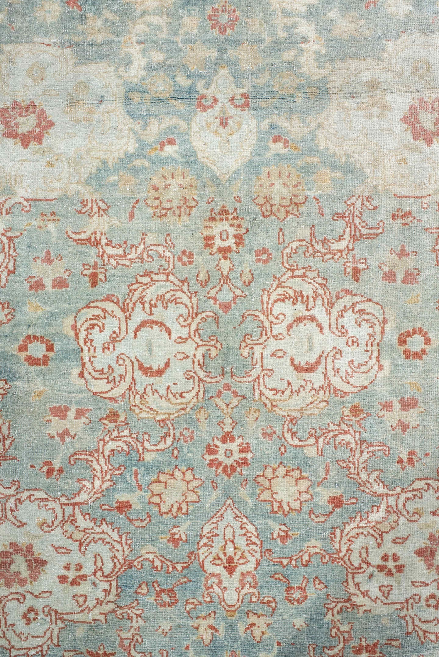 7' x 9' one-of-a-kind handmade vintage Tabriz large size rug. Color palette: ivory, pale blue, cream, rose, taupe, sage