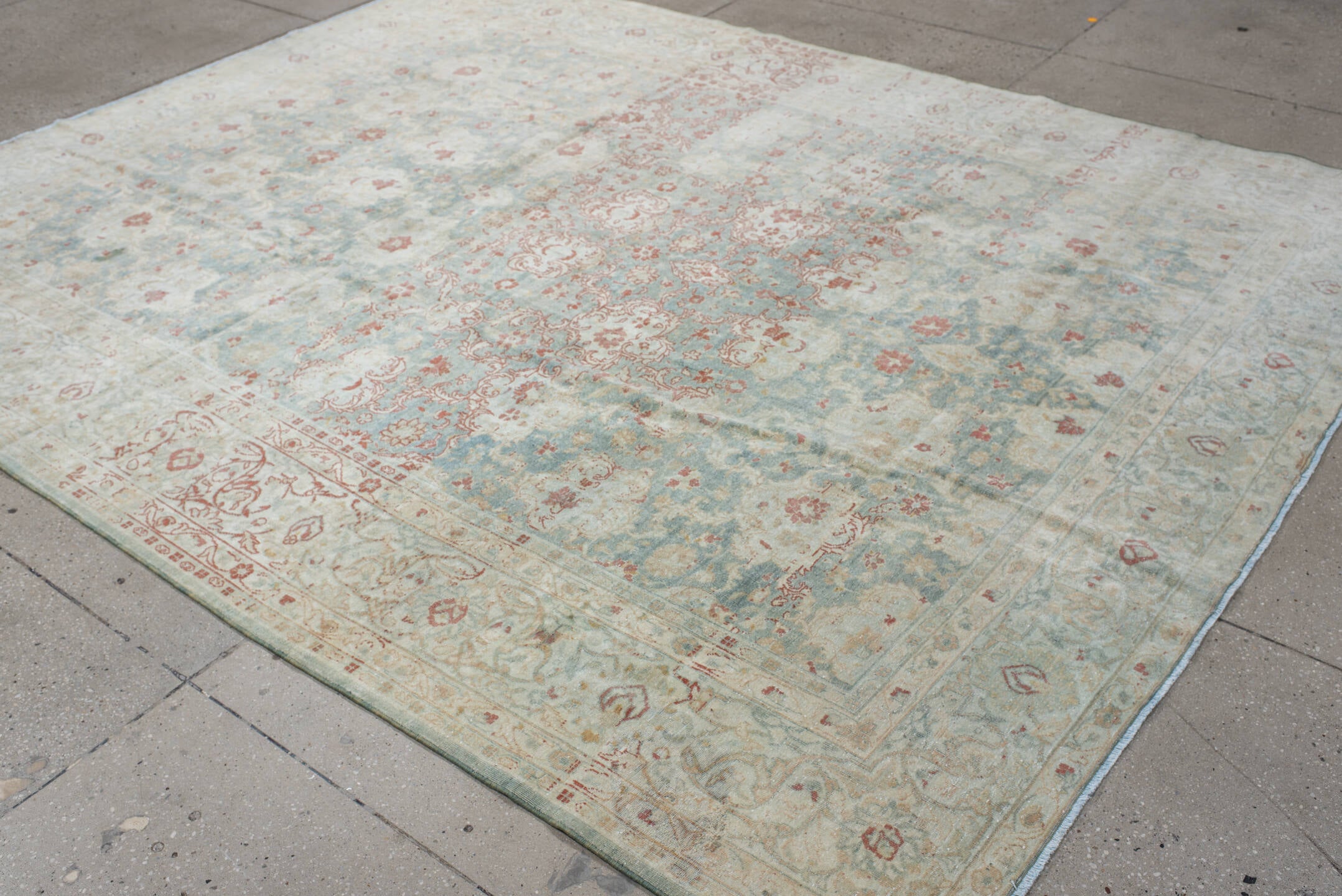 7' x 9' one-of-a-kind handmade vintage Tabriz large size rug. Color palette: ivory, pale blue, cream, rose, taupe, sage