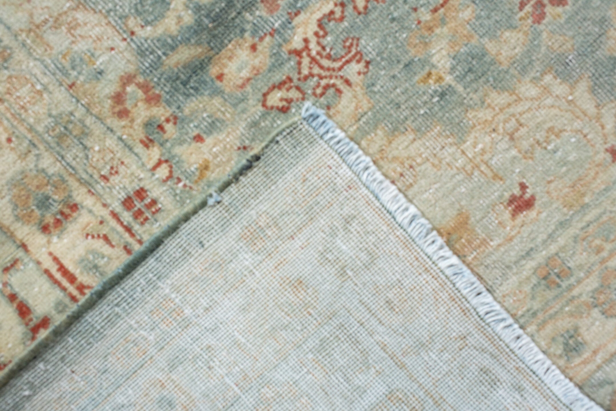 7' x 9' one-of-a-kind handmade vintage Tabriz large size rug. Color palette: ivory, pale blue, cream, rose, taupe, sage
