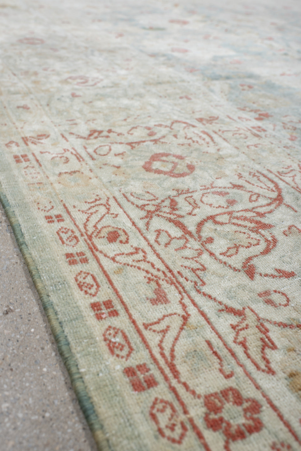 7' x 9' one-of-a-kind handmade vintage Tabriz large size rug. Color palette: ivory, pale blue, cream, rose, taupe, sage