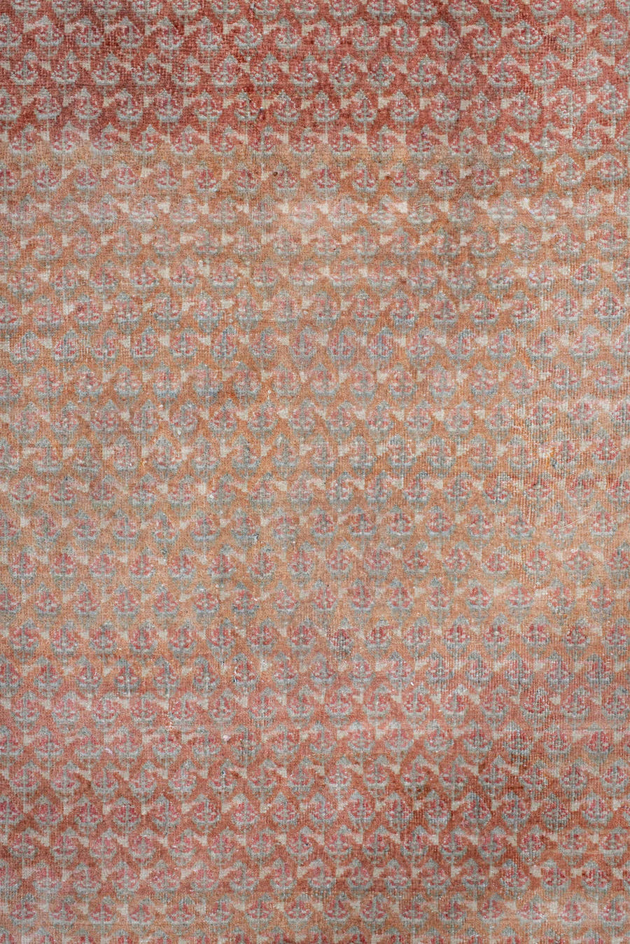 8' x 12' one-of-a-kind handmade antique Saraband large size rug. Color palette: terra cotta, ivory, rose, taupe, rust