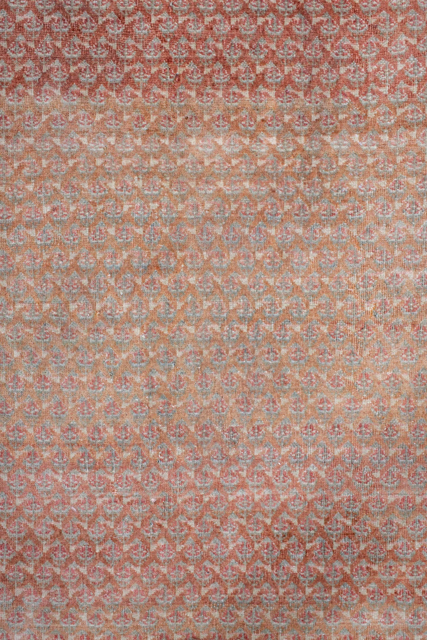 8' x 12' one-of-a-kind handmade antique Saraband large size rug. Color palette: terra cotta, ivory, rose, taupe, rust