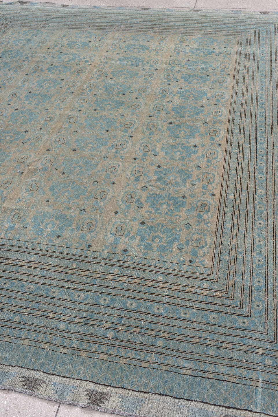 8' x 10' one-of-a-kind handmade vintage Afghan large size rug. Color palette: pale blue, ivory, taupe, charcoal, slate