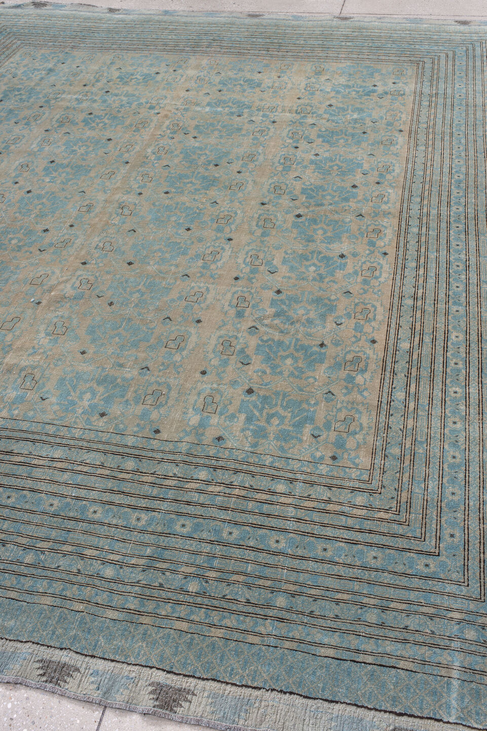 8' x 10' one-of-a-kind handmade vintage Afghan large size rug. Color palette: pale blue, ivory, taupe, charcoal, slate