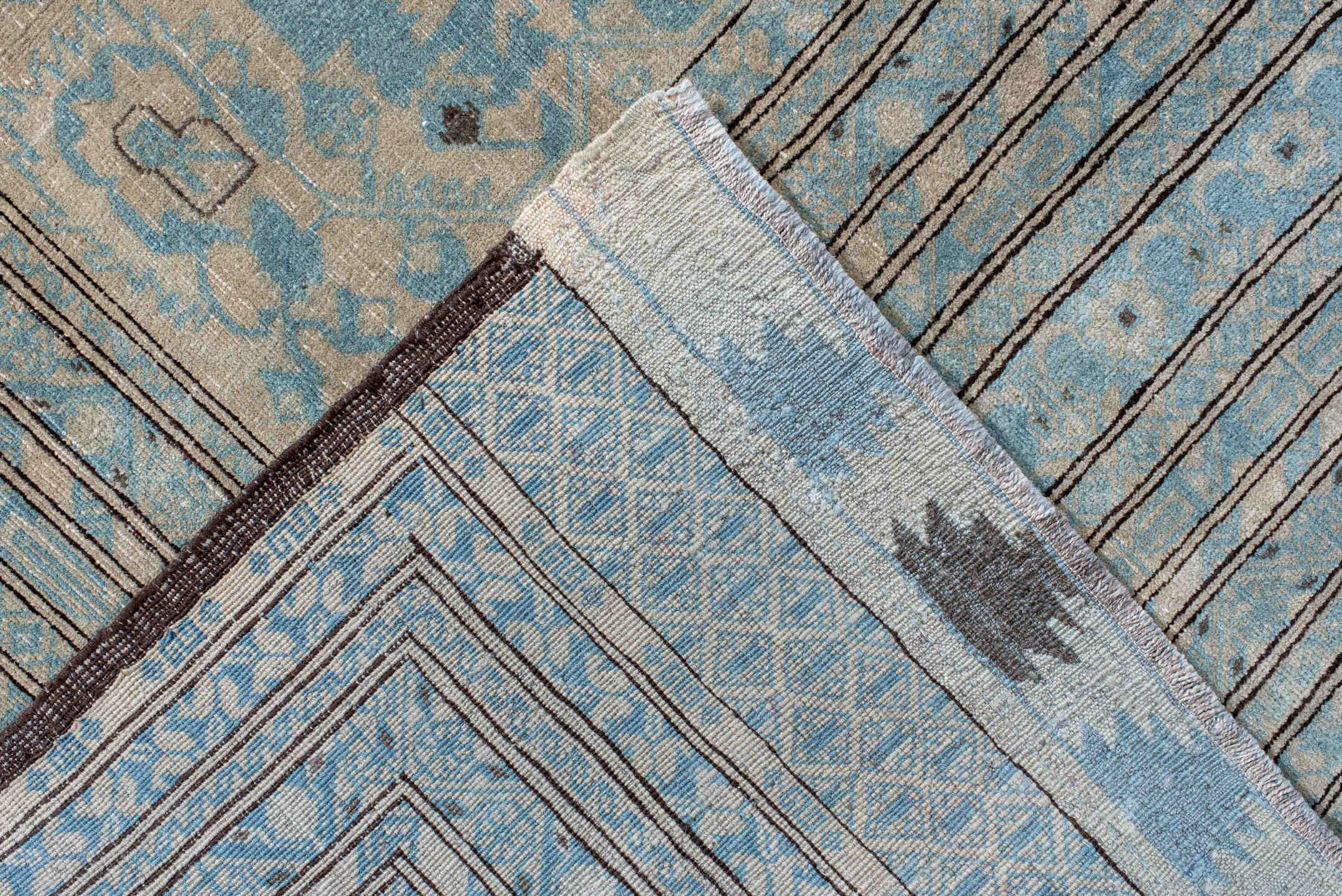 8' x 10' one-of-a-kind handmade vintage Afghan large size rug. Color palette: pale blue, ivory, taupe, charcoal, slate