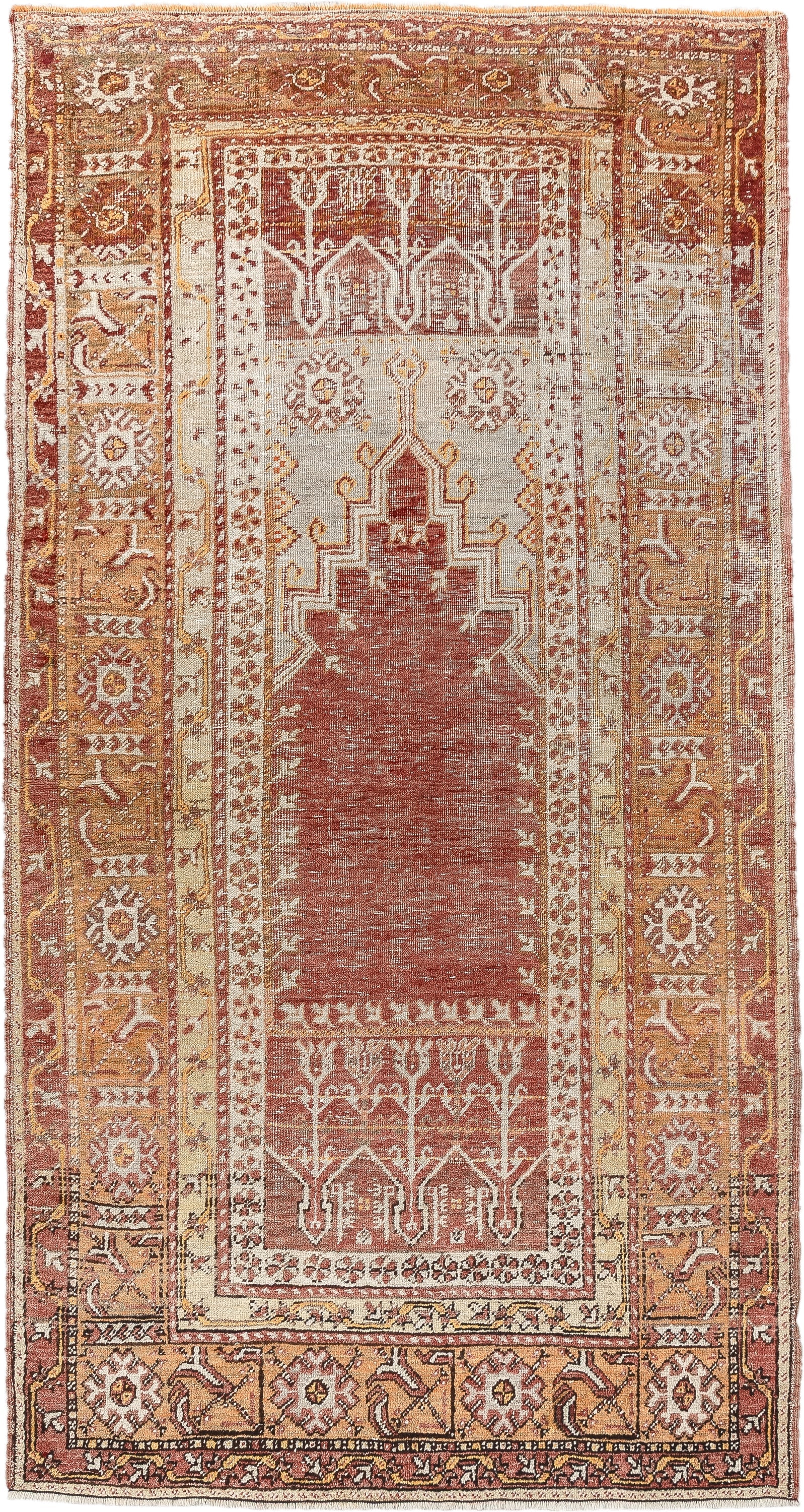 3' x 6' one-of-a-kind handmade antique Anatolian rug. Color palette: terracotta, ivory, ochre, camel, rust, taupe, brown