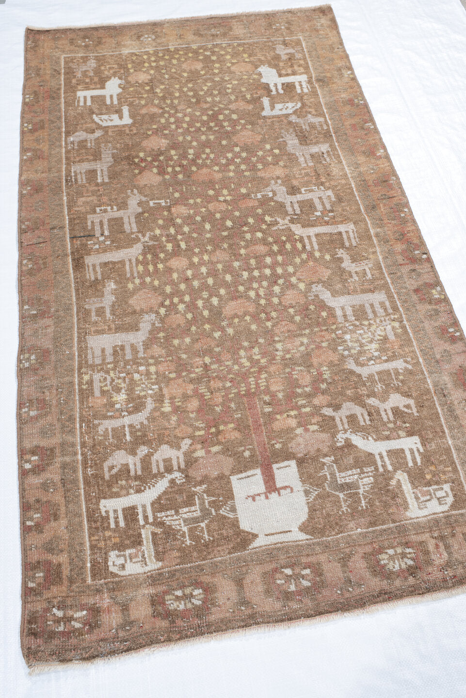 2' x 5' one-of-a-kind handmade vintage Belouch small size rug. Color palette: taupe, ivory, rose, camel, sage, rust, beige