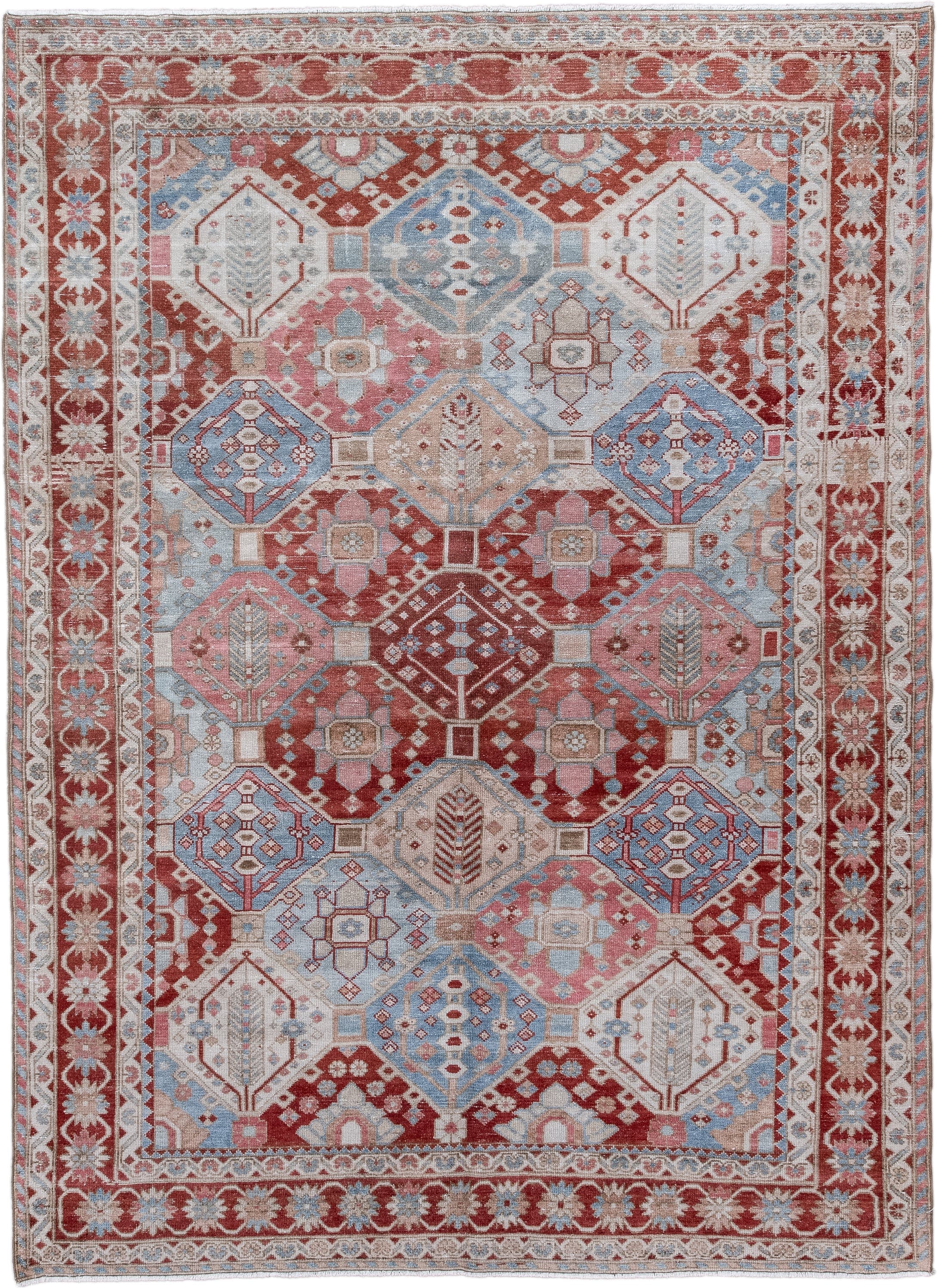 5' x 7' one-of-a-kind handmade antique Baktiary rug. Color palette: rust, ivory, sky_blue, rose, beige, light_blue