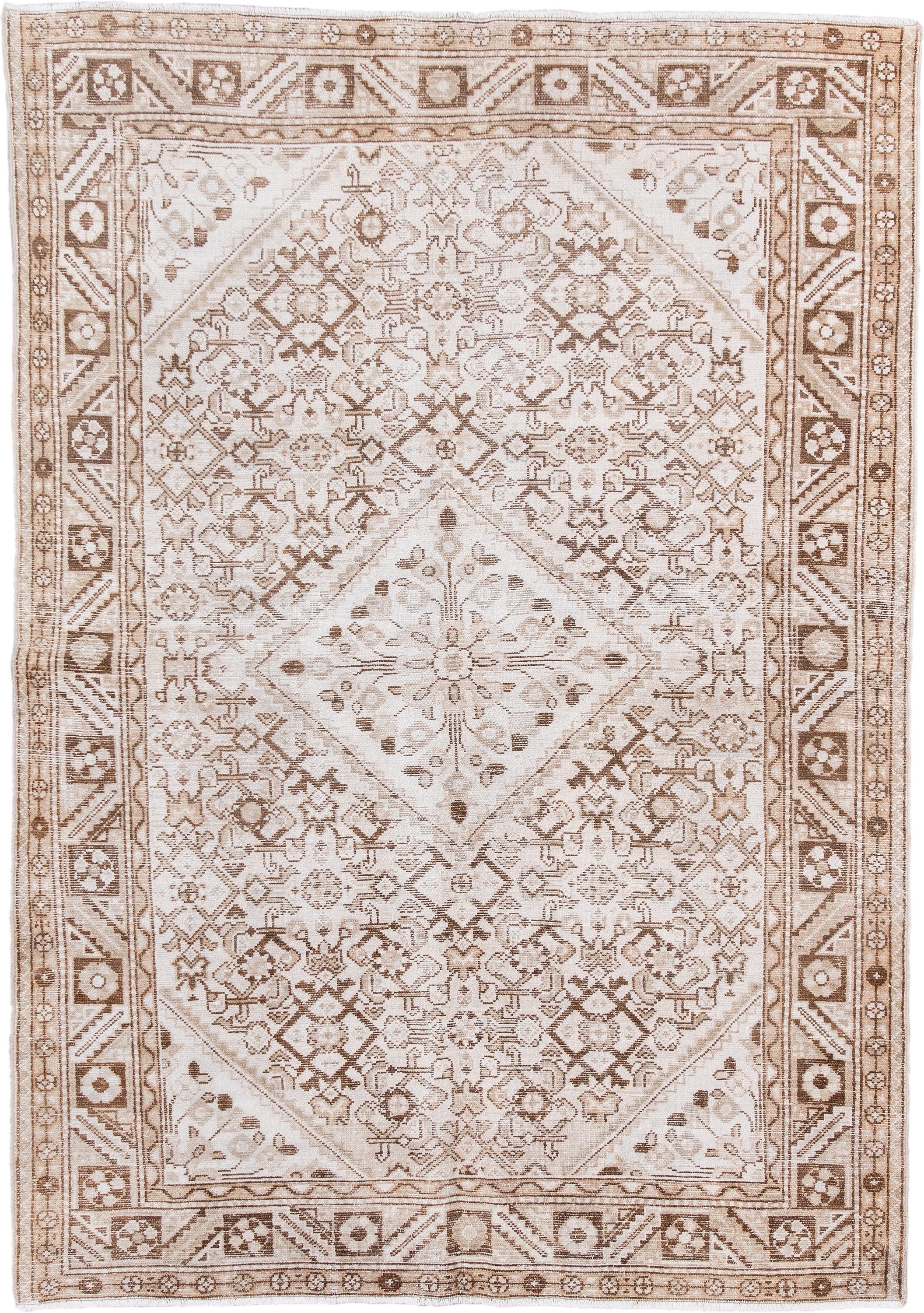5' x 7' one-of-a-kind handmade antique Hamadan rug. Color palette: ivory, camel, taupe, sand, beige, light brown, gray