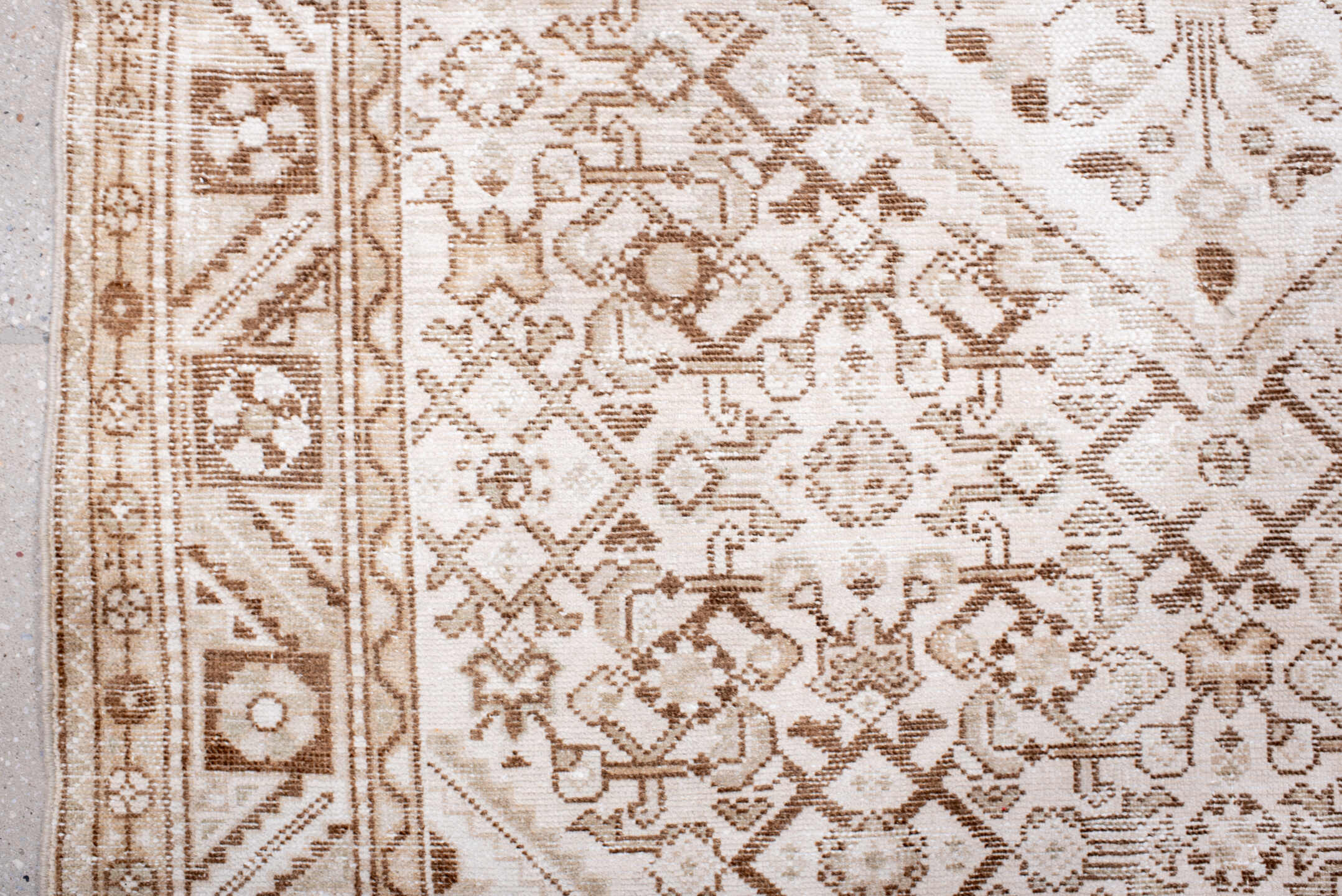 5' x 7' one-of-a-kind handmade antique Hamadan rug. Color palette: ivory, camel, taupe, sand, beige, light brown, gray