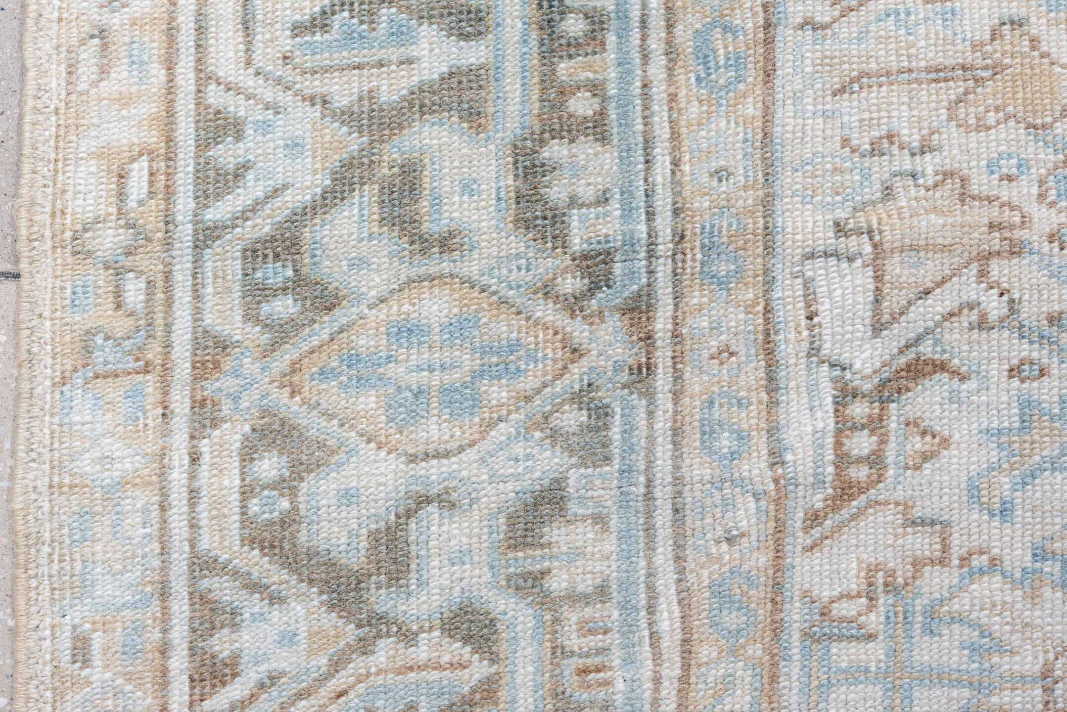 6' x 8' one-of-a-kind handmade antique Heriz medium size rug. Color palette: ivory, powder_blue, taupe, light_brown, beige