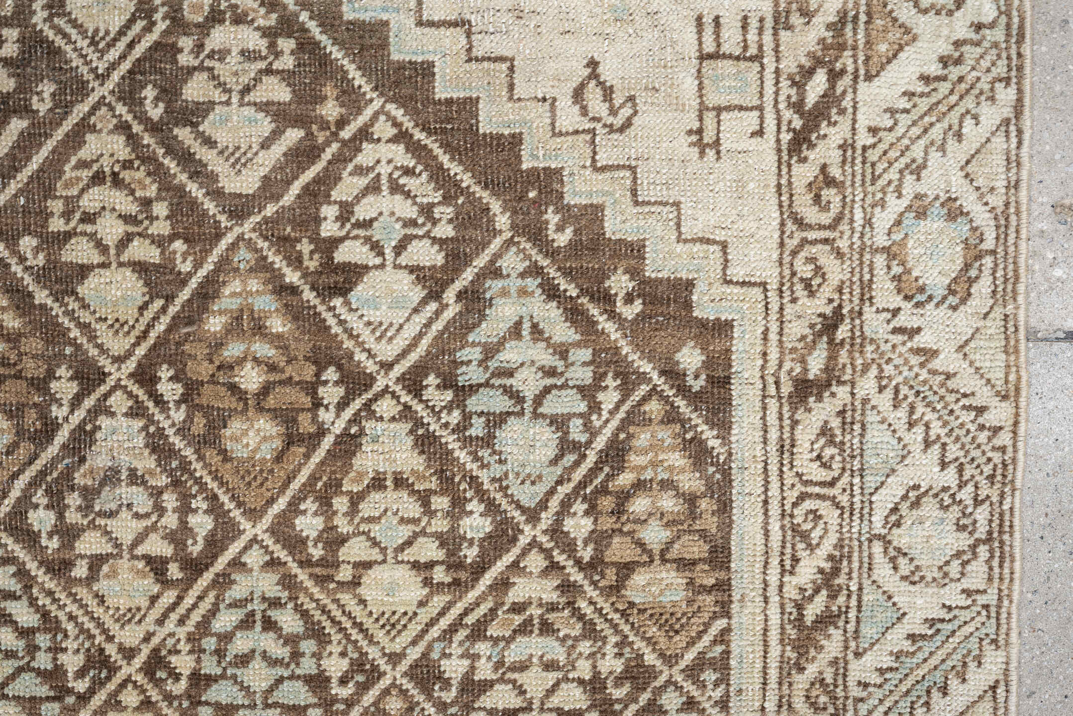 3' x 6' one-of-a-kind handmade antique NW Persian small size rug. Color palette: ivory, taupe, camel, brown, sand, pale blue