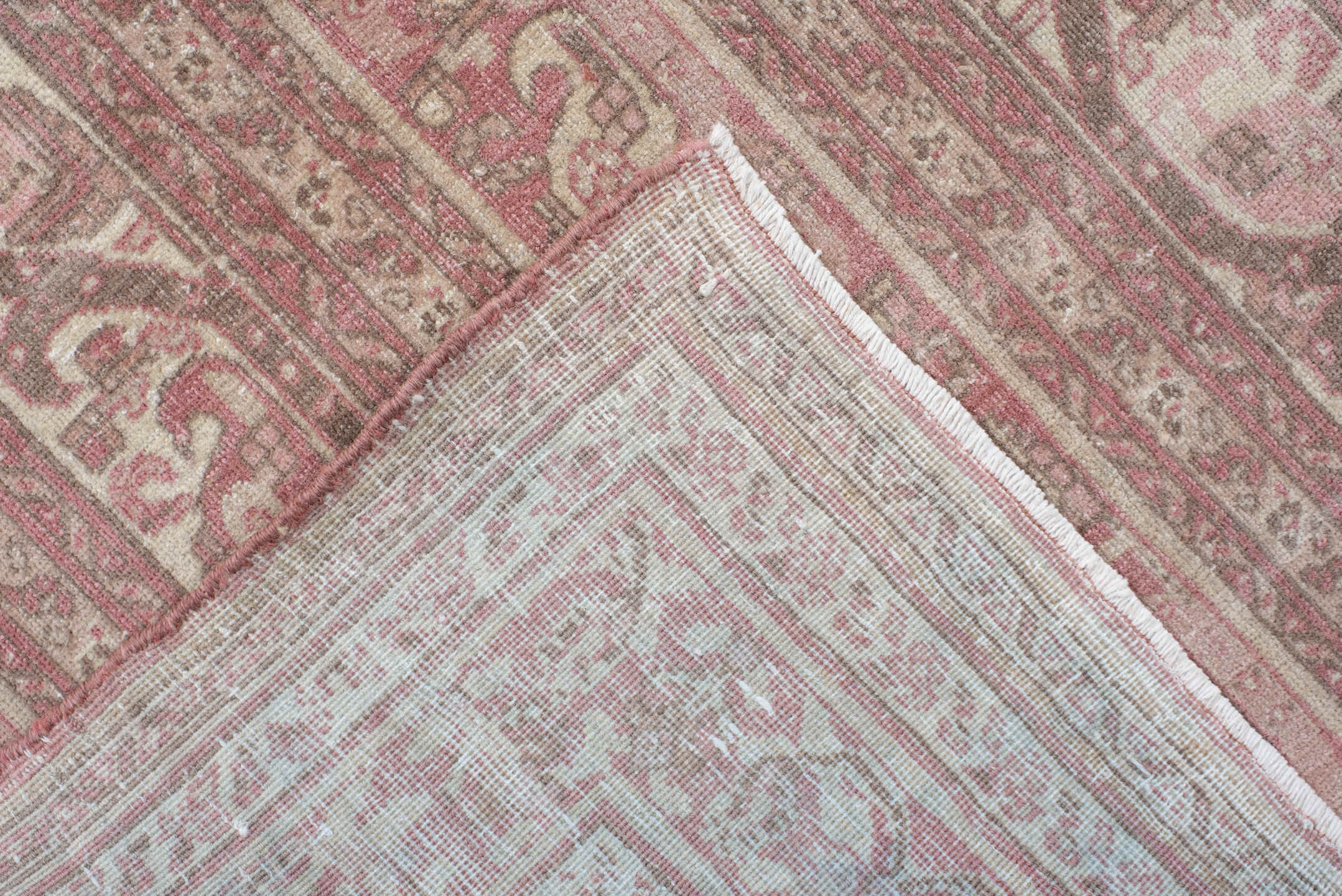 6' x 10' one-of-a-kind handmade vintage Sivas large size rug. Color palette: pink, off-white, gray, light gray, misty rose