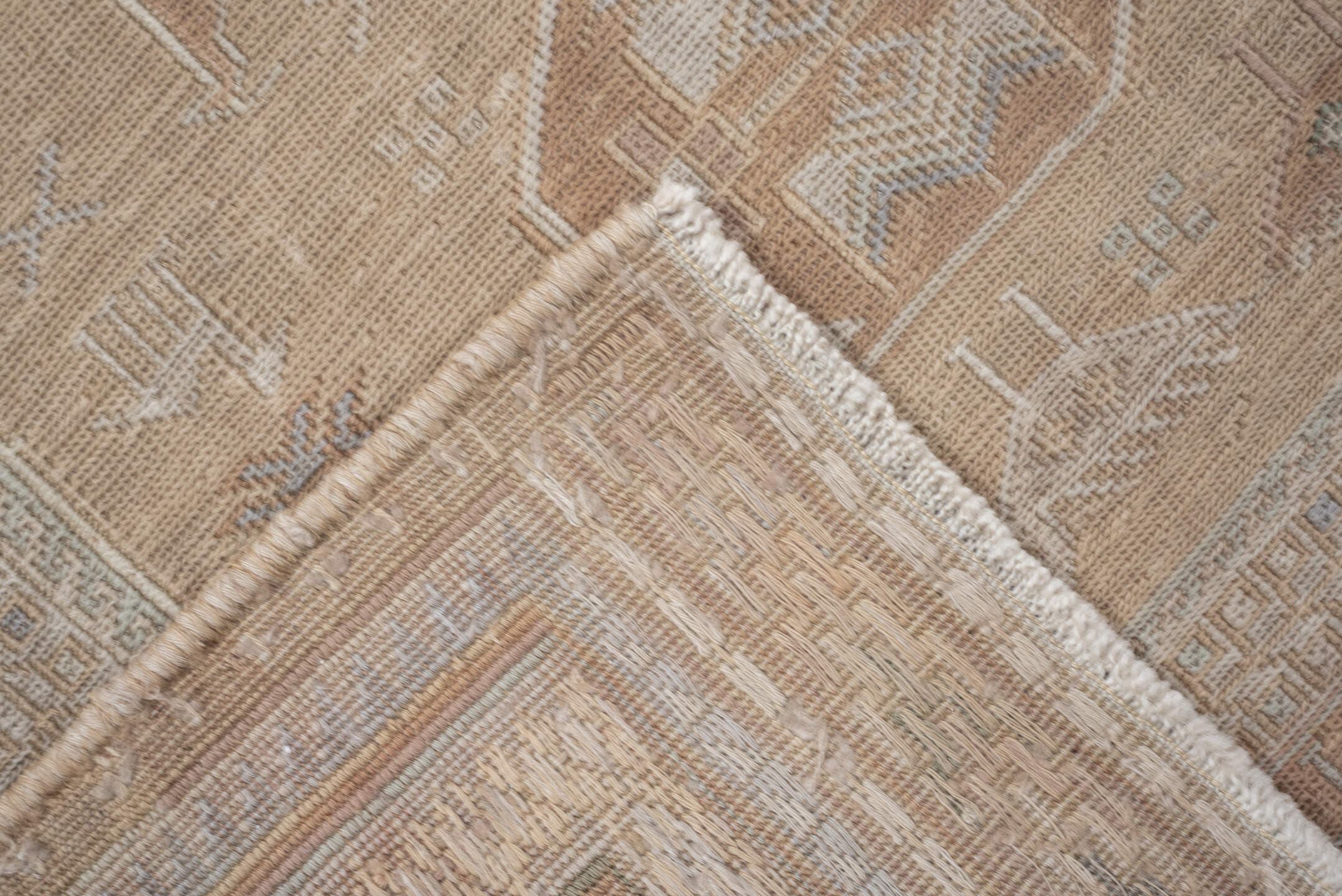 3' x 6' one-of-a-kind handmade antique Sumak small size rug. Color palette: camel, ivory, taupe, dusty rose, blue green