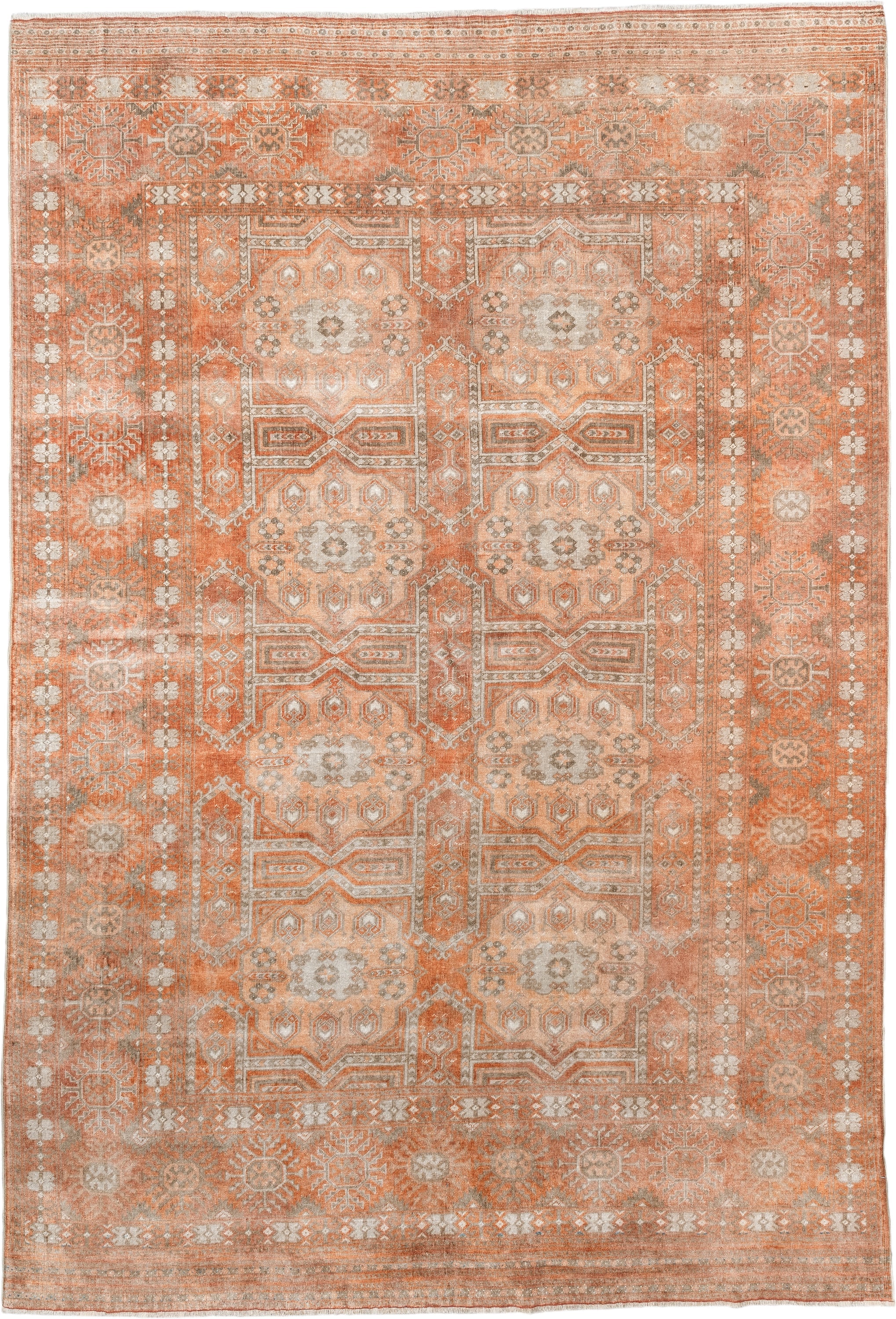 5' x 8' one-of-a-kind handmade antique Bokara medium size rug. Color palette: terra cotta, ivory, taupe, camel, sage