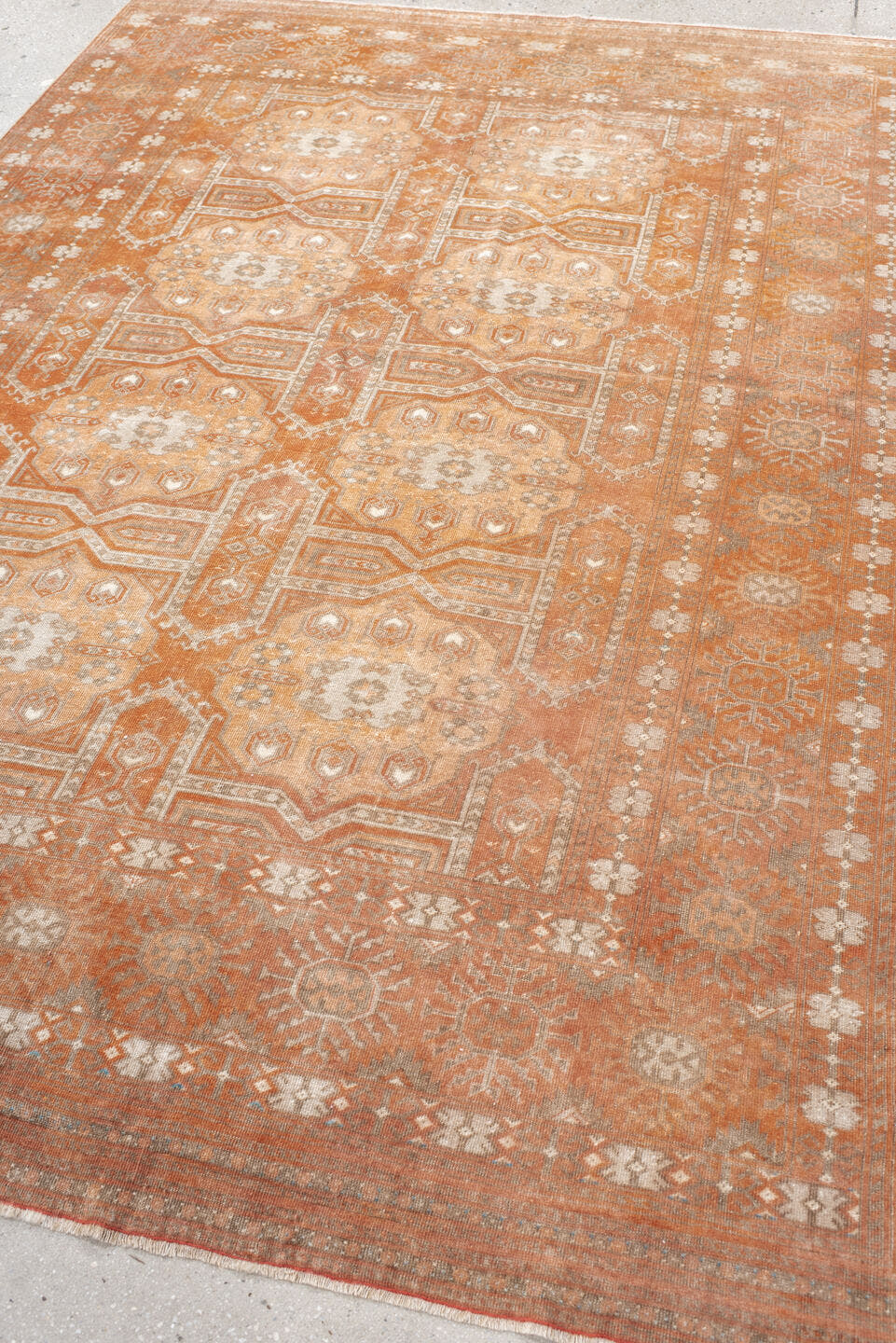 5' x 8' one-of-a-kind handmade antique Bokara medium size rug. Color palette: terra cotta, ivory, taupe, camel, sage
