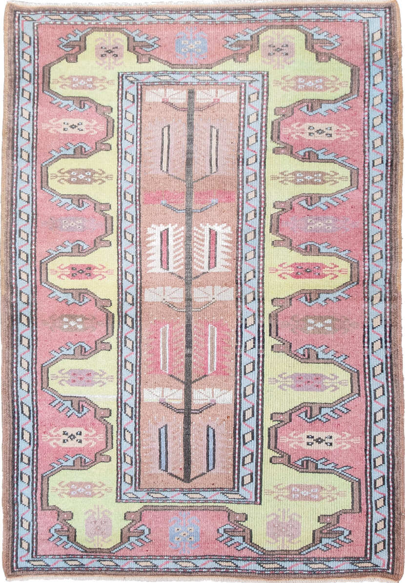 2' x 4' one-of-a-kind handmade vintage Anatolian small size rug. Color palette: antiquewhite, beige, dim gray, gray