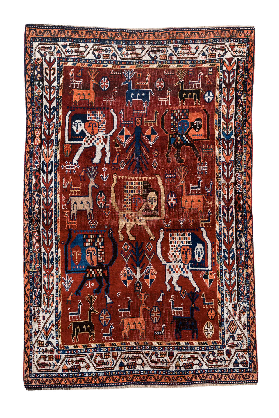 4' x 6' one-of-a-kind handmade antique Shiraz small size rug. Color palette: rust, ivory, navy, coral, camel, indigo, black