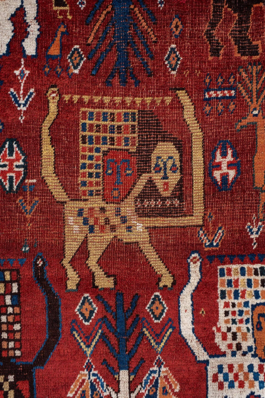 4' x 6' one-of-a-kind handmade antique Shiraz small size rug. Color palette: rust, ivory, navy, coral, camel, indigo, black