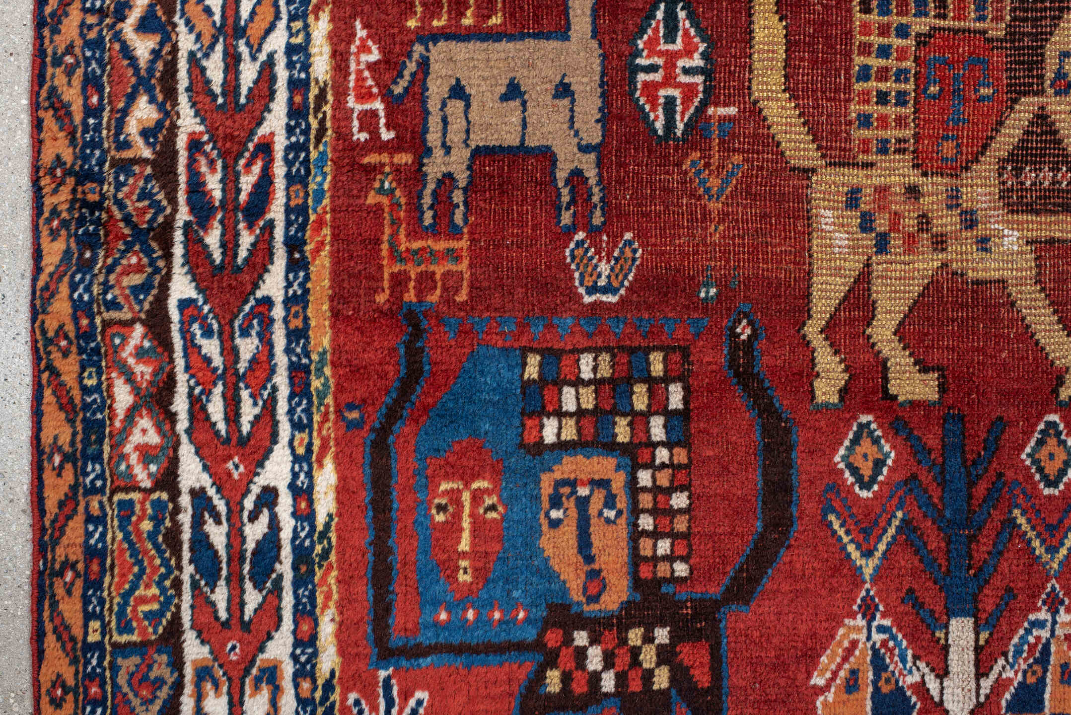 4' x 6' one-of-a-kind handmade antique Shiraz small size rug. Color palette: rust, ivory, navy, coral, camel, indigo, black