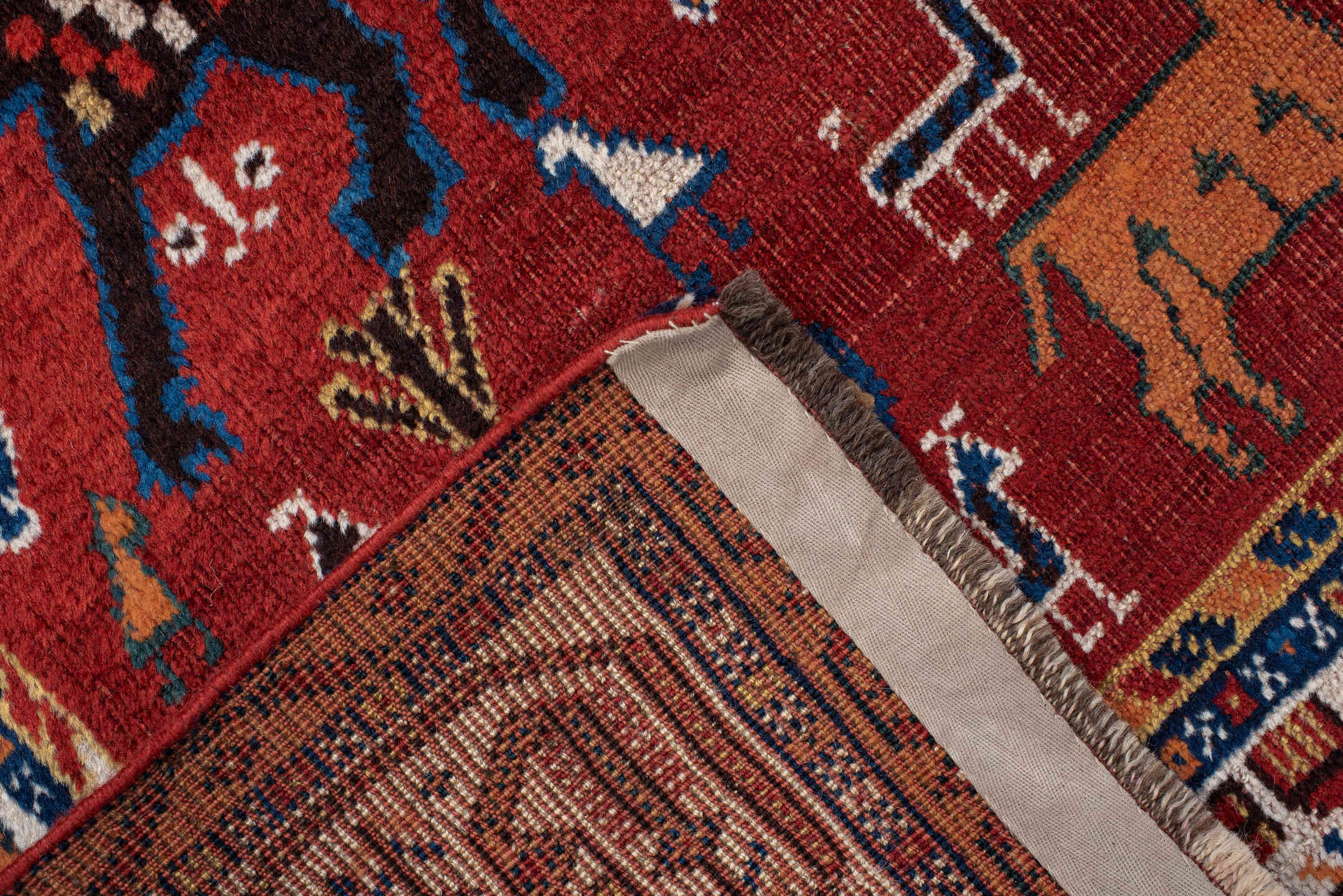 4' x 6' one-of-a-kind handmade antique Shiraz small size rug. Color palette: rust, ivory, navy, coral, camel, indigo, black