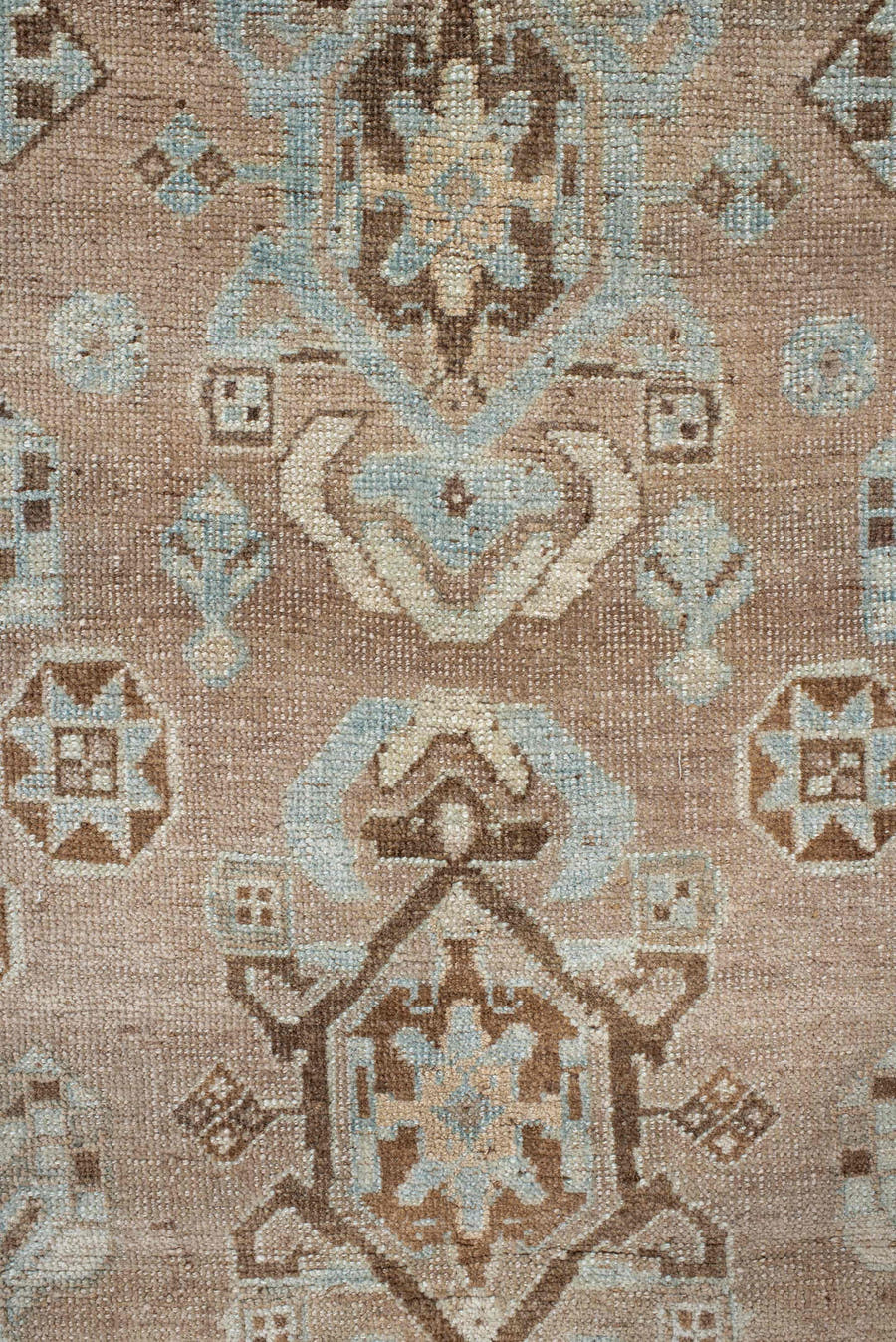 4' x 8' one-of-a-kind handmade vintage NW Persian runner rug. Color palette: taupe, ivory, brown, pale blue, camel, charcoal