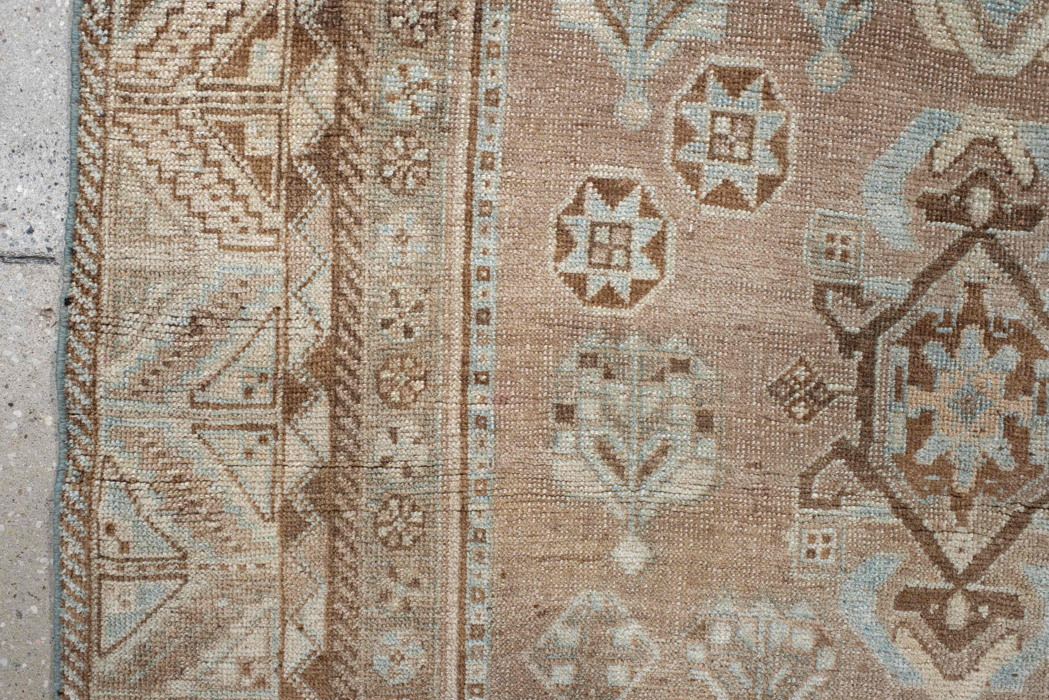 4' x 8' one-of-a-kind handmade vintage NW Persian runner rug. Color palette: taupe, ivory, brown, pale blue, camel, charcoal