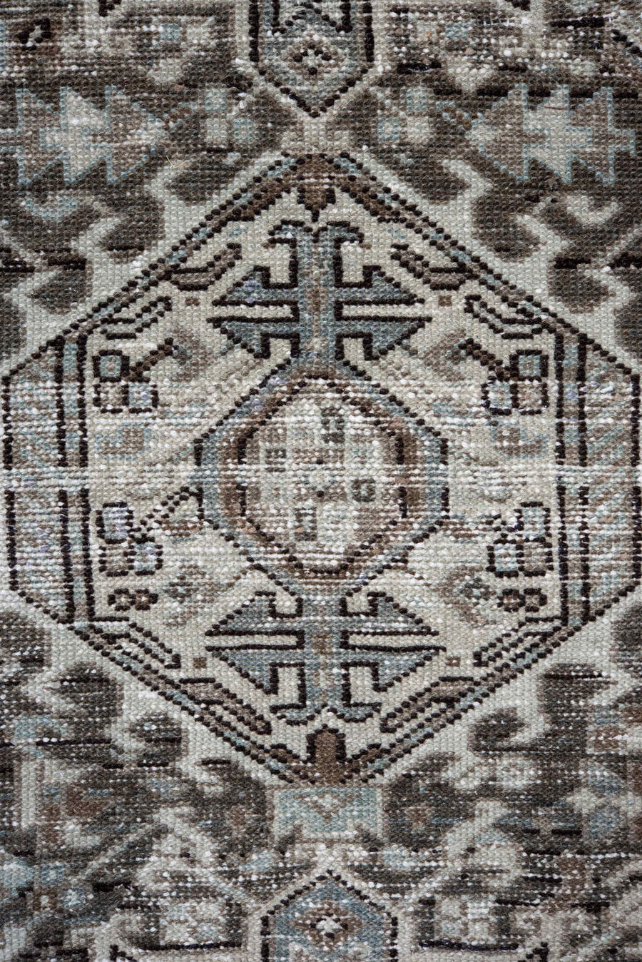 8' x 11' one-of-a-kind handmade vintage Karaje large size rug. Color palette: taupe, ivory, brown, pale blue, charcoal