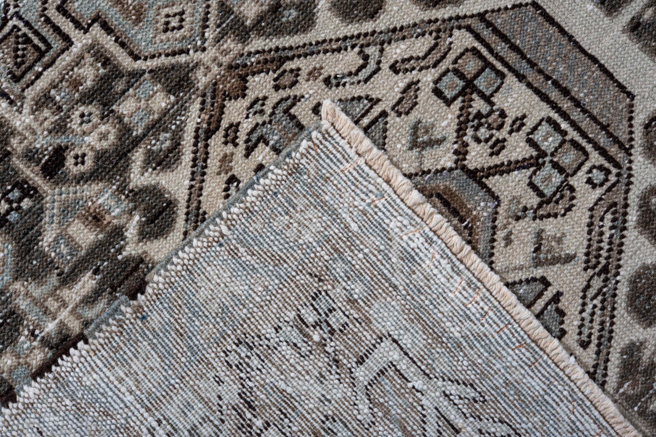 8' x 11' one-of-a-kind handmade vintage Karaje large size rug. Color palette: taupe, ivory, brown, pale blue, charcoal