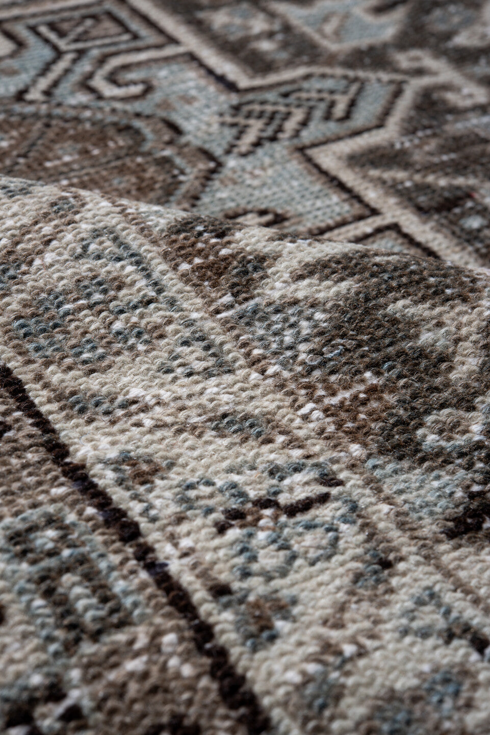 8' x 11' one-of-a-kind handmade vintage Karaje large size rug. Color palette: taupe, ivory, brown, pale blue, charcoal
