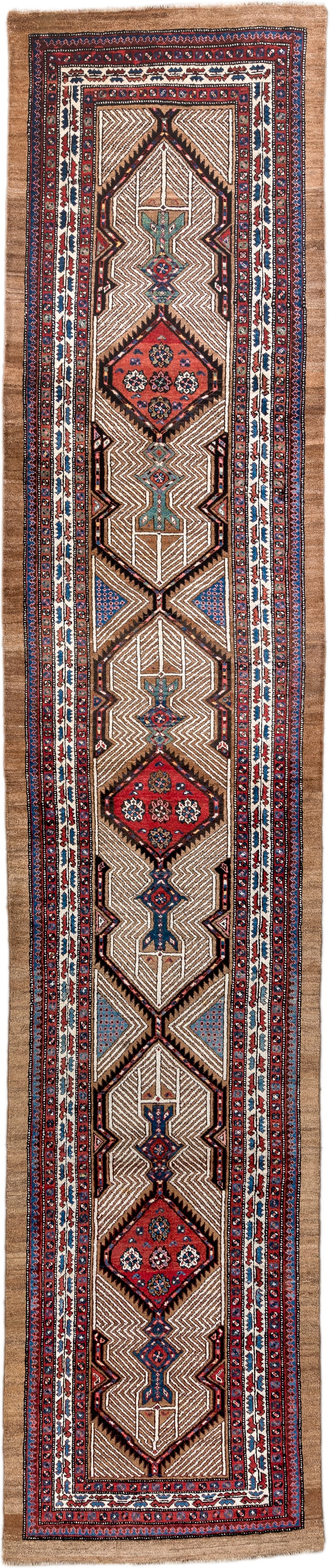 3' x 16' one-of-a-kind handmade antique Sarab runner rug. Color palette: ivory, rust, red, indigo, camel, navy, brown