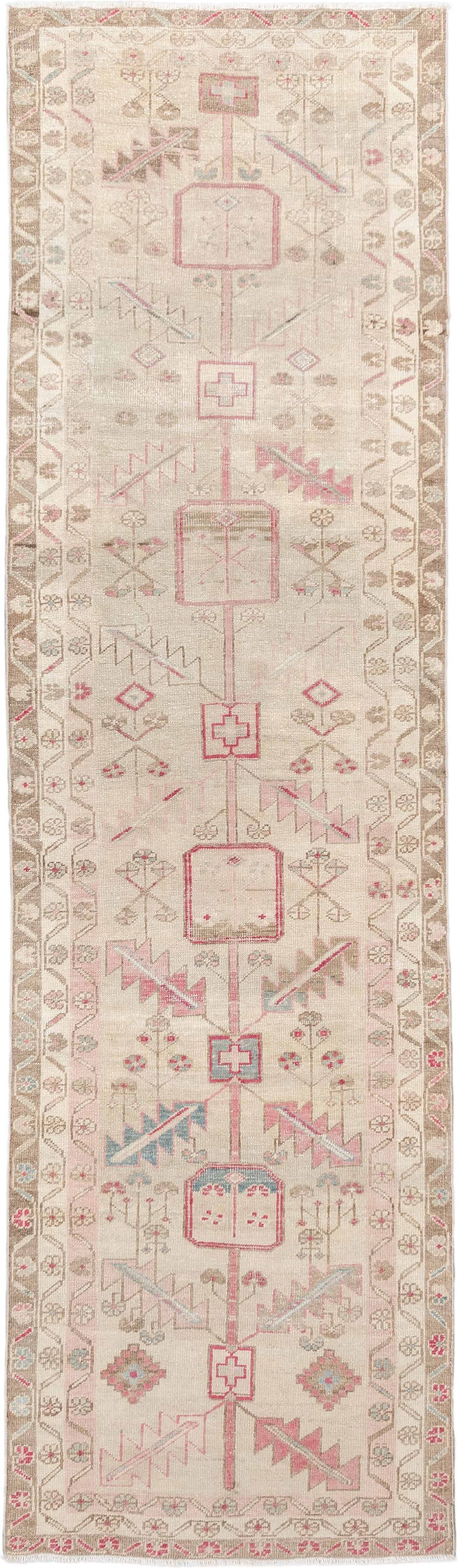 2' x 9' one-of-a-kind handmade vintage Saraband runner rug. Color palette: ivory, taupe, blush, sand, pale blue, beige, gray