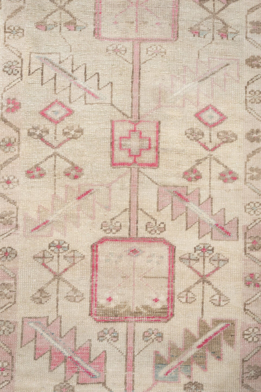 2' x 9' one-of-a-kind handmade vintage Saraband runner rug. Color palette: ivory, taupe, blush, sand, pale blue, beige, gray
