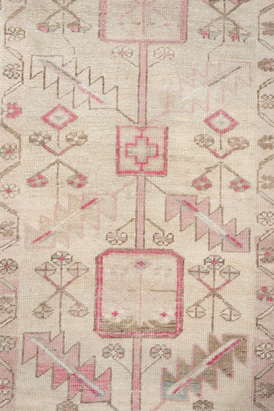 2' x 9' one-of-a-kind handmade vintage Saraband runner rug. Color palette: ivory, taupe, blush, sand, pale blue, beige, gray