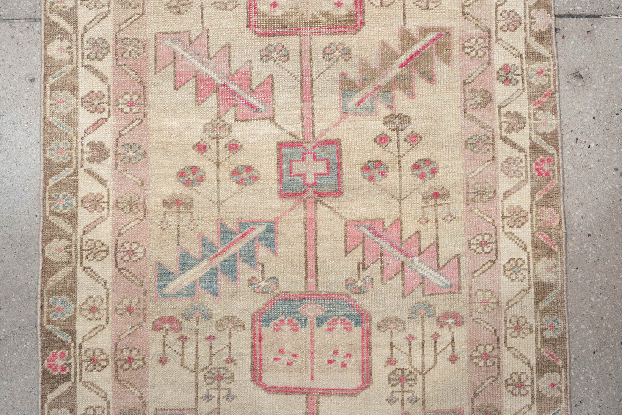 2' x 9' one-of-a-kind handmade vintage Saraband runner rug. Color palette: ivory, taupe, blush, sand, pale blue, beige, gray