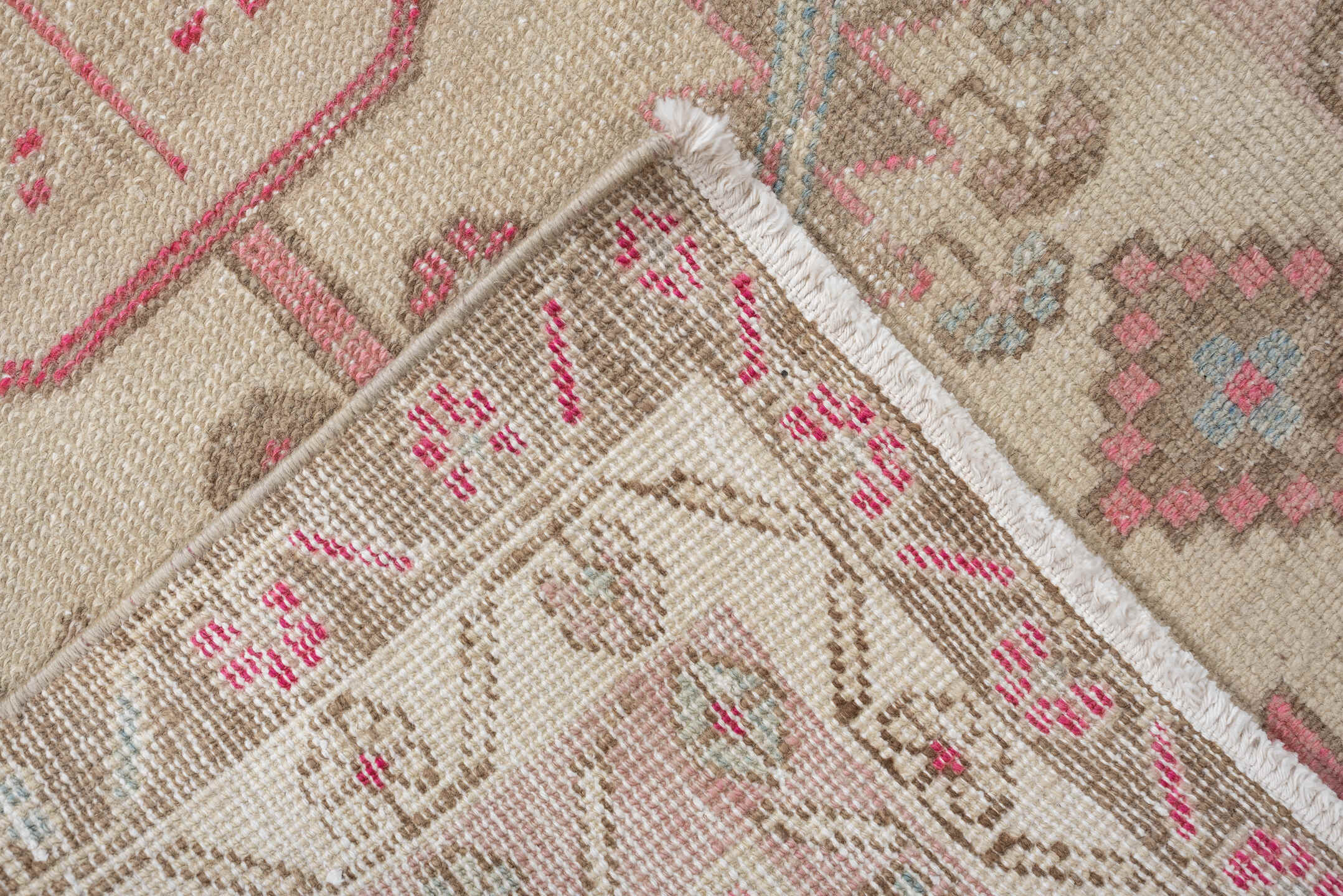 2' x 9' one-of-a-kind handmade vintage Saraband runner rug. Color palette: ivory, taupe, blush, sand, pale blue, beige, gray