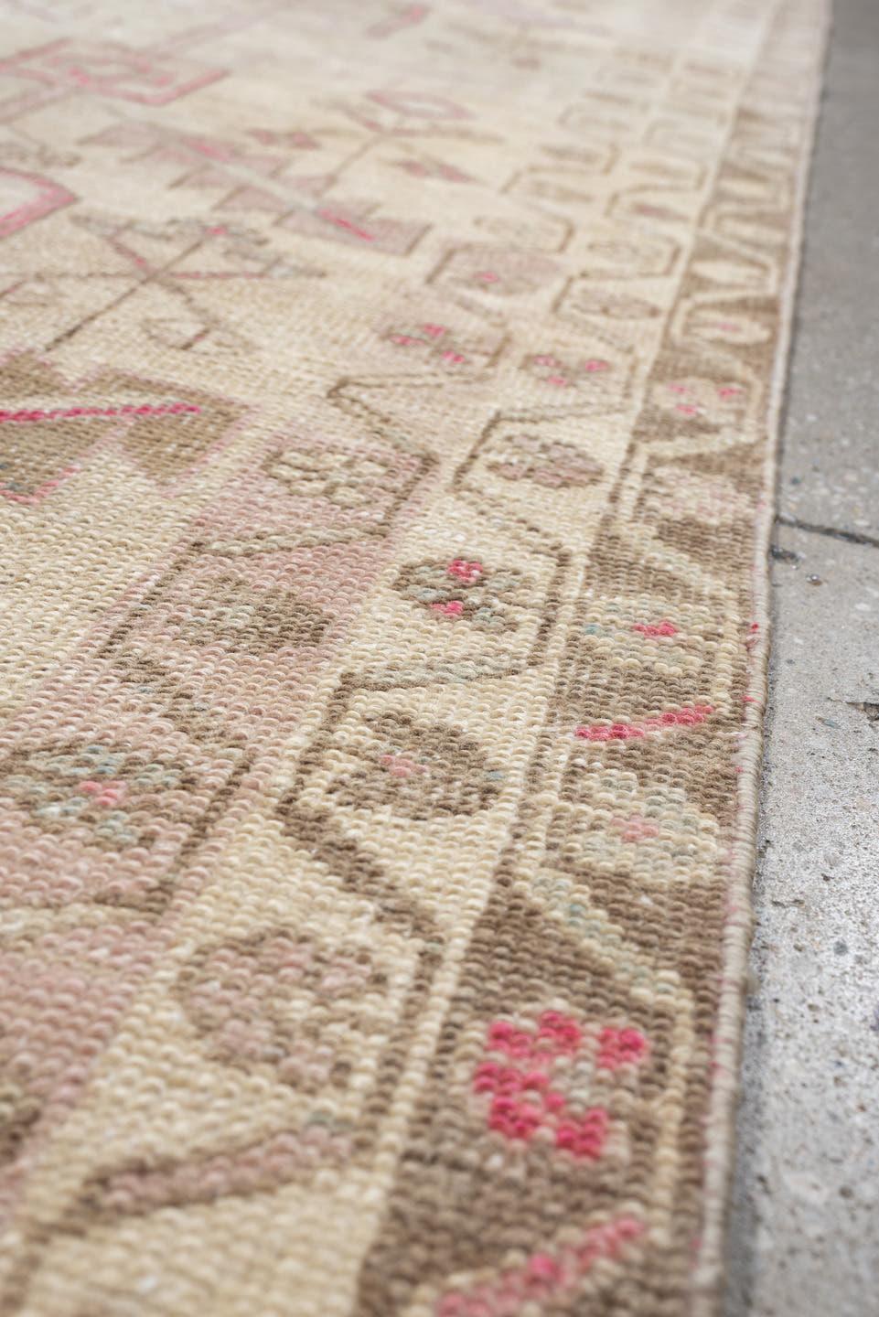 2' x 9' one-of-a-kind handmade vintage Saraband runner rug. Color palette: ivory, taupe, blush, sand, pale blue, beige, gray