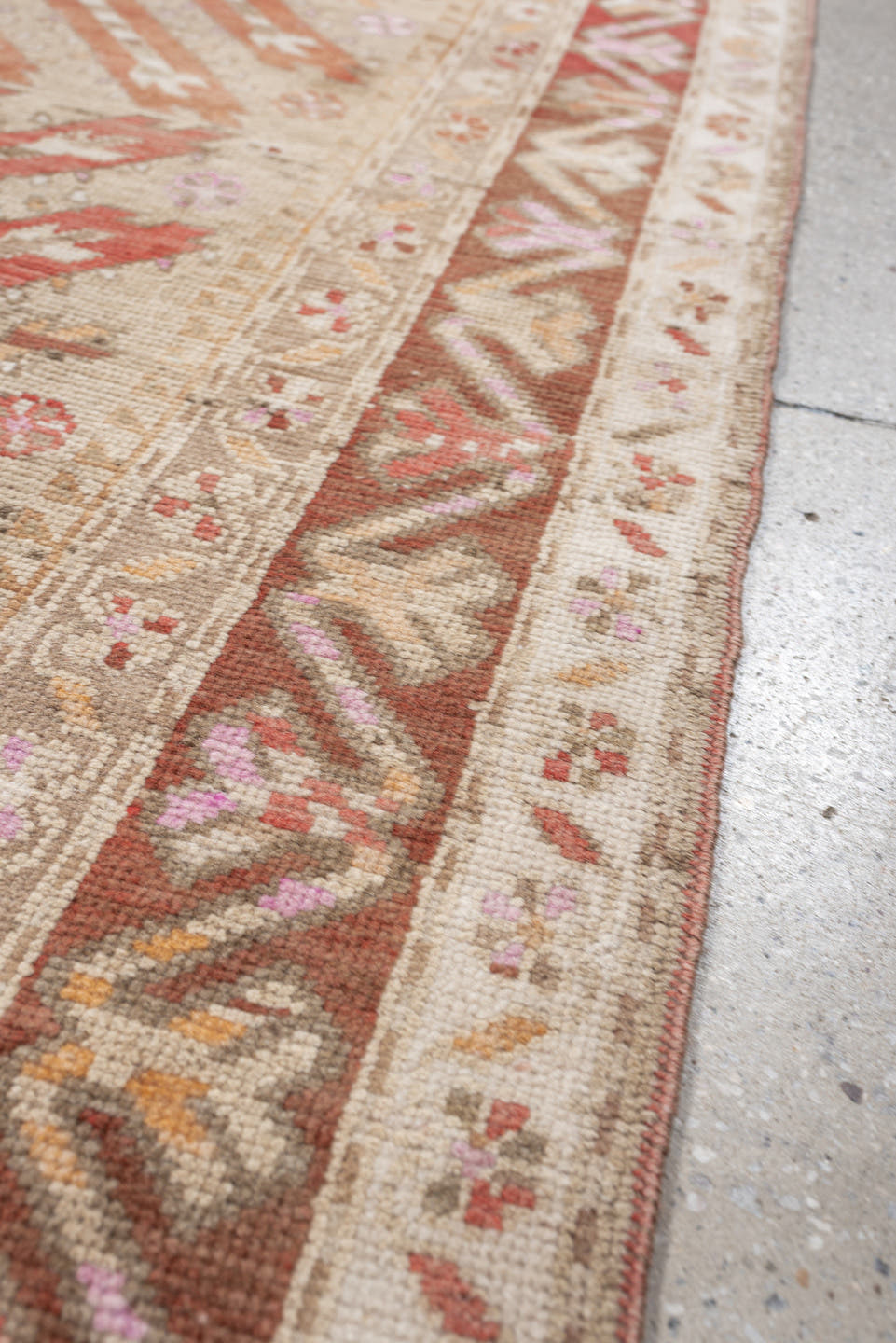 4' x 9' one-of-a-kind handmade antique Caucasian medium size rug. Color palette: ivory, terracotta, rose, taupe, blush