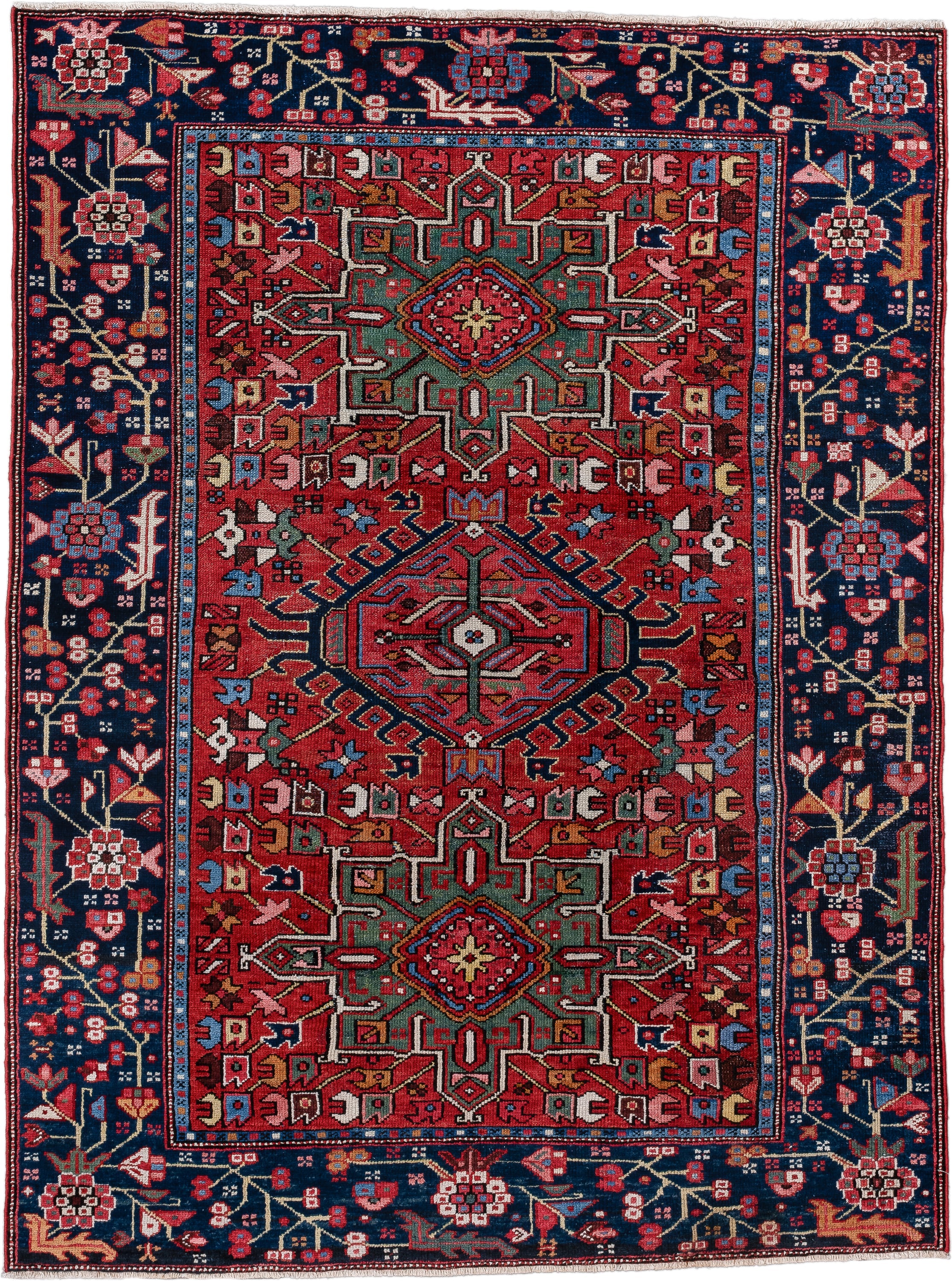 4' x 6' one-of-a-kind handmade vintage Karaje small size rug. Color palette: rust, navy, ivory, sky blue, sage, rose