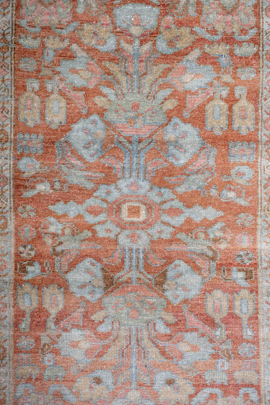 2' x 16' one-of-a-kind handmade antique Lilian runner rug. Color palette: terra cotta, ivory, pale blue, rose, taupe, camel