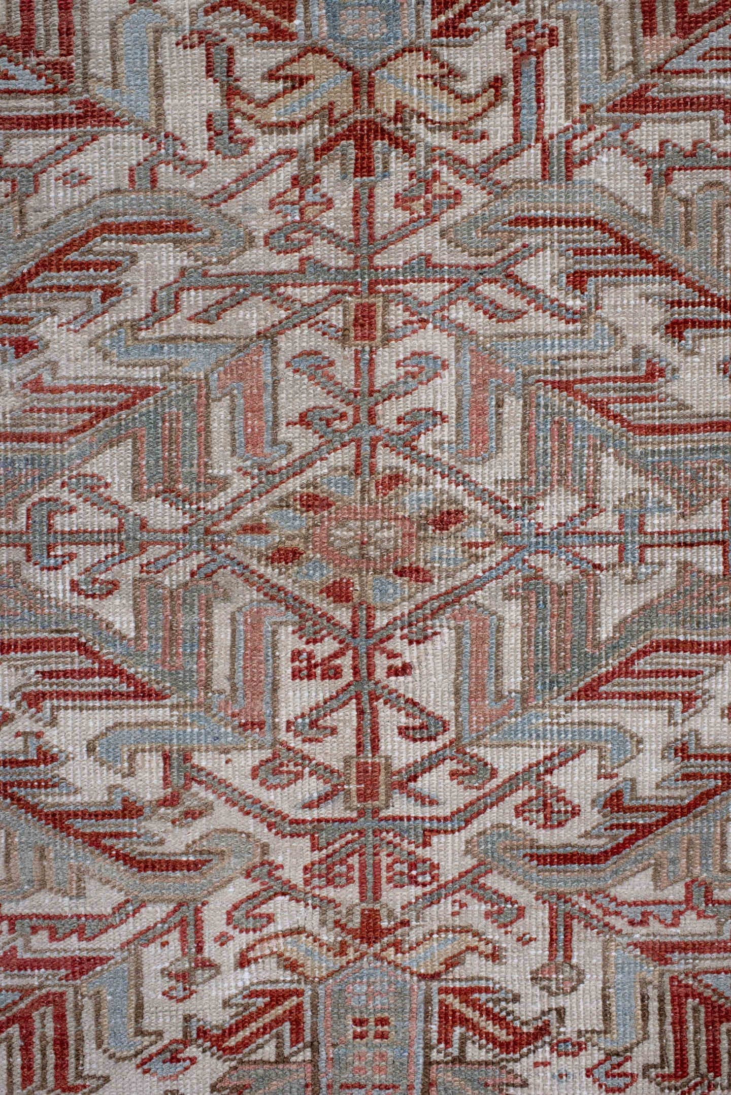 8' x 10' one-of-a-kind handmade antique Heriz large size rug. Color palette: pale blue, rust, ivory, taupe, camel