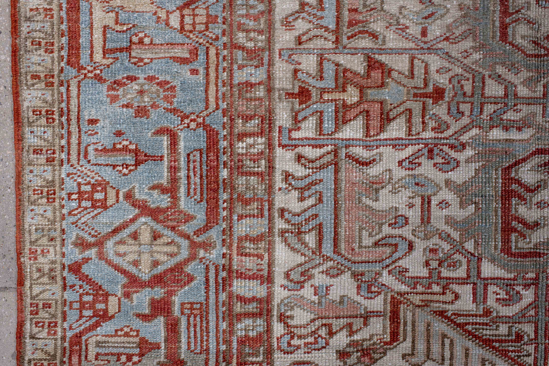 8' x 10' one-of-a-kind handmade antique Heriz large size rug. Color palette: pale blue, rust, ivory, taupe, camel
