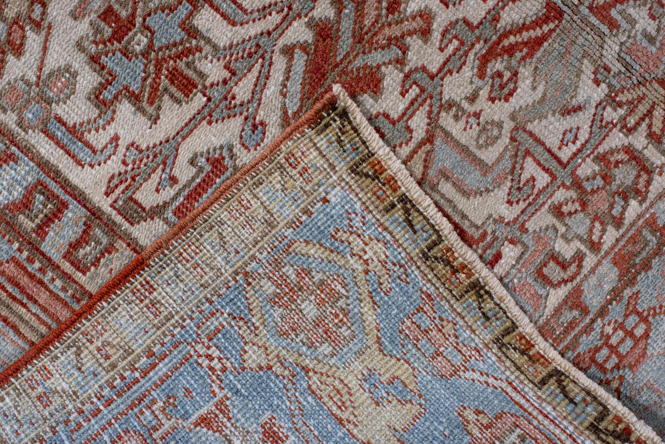 8' x 10' one-of-a-kind handmade antique Heriz large size rug. Color palette: pale blue, rust, ivory, taupe, camel