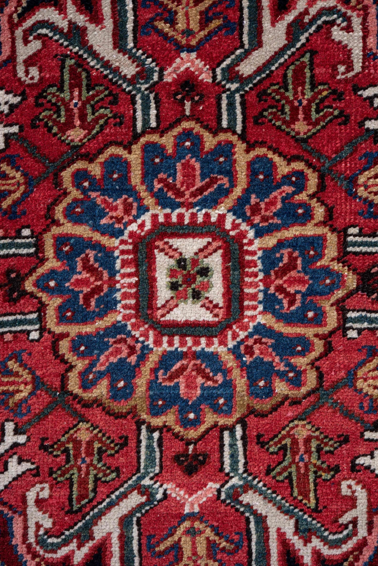 7' x 11' one-of-a-kind handmade vintage Heriz large size rug. Color palette: red, navy, ivory, rust, sky blue, burgundy