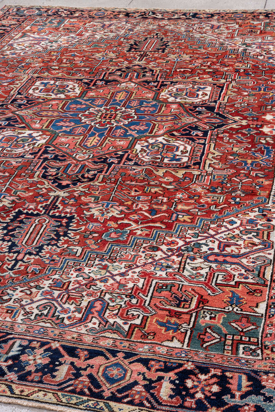 7' x 11' one-of-a-kind handmade vintage Heriz large size rug. Color palette: black, blue, brown, charcoal, dark slate gray