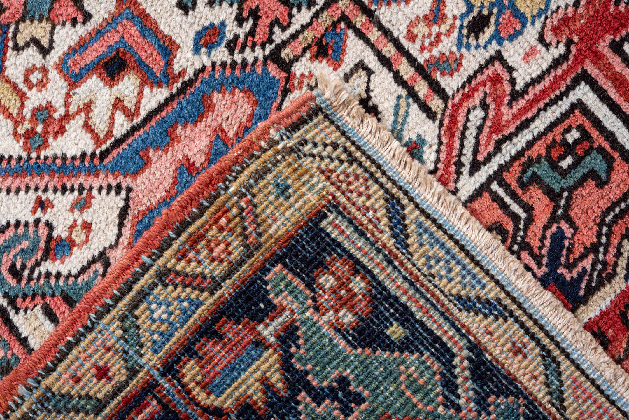 7' x 11' one-of-a-kind handmade vintage Heriz large size rug. Color palette: black, blue, brown, charcoal, dark slate gray