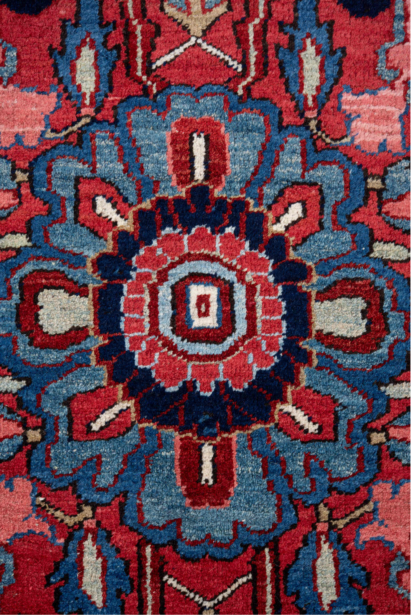 8' x 12' one-of-a-kind handmade vintage Heriz large size rug. Color palette: red, navy, ivory, sky blue, crimson, charcoal