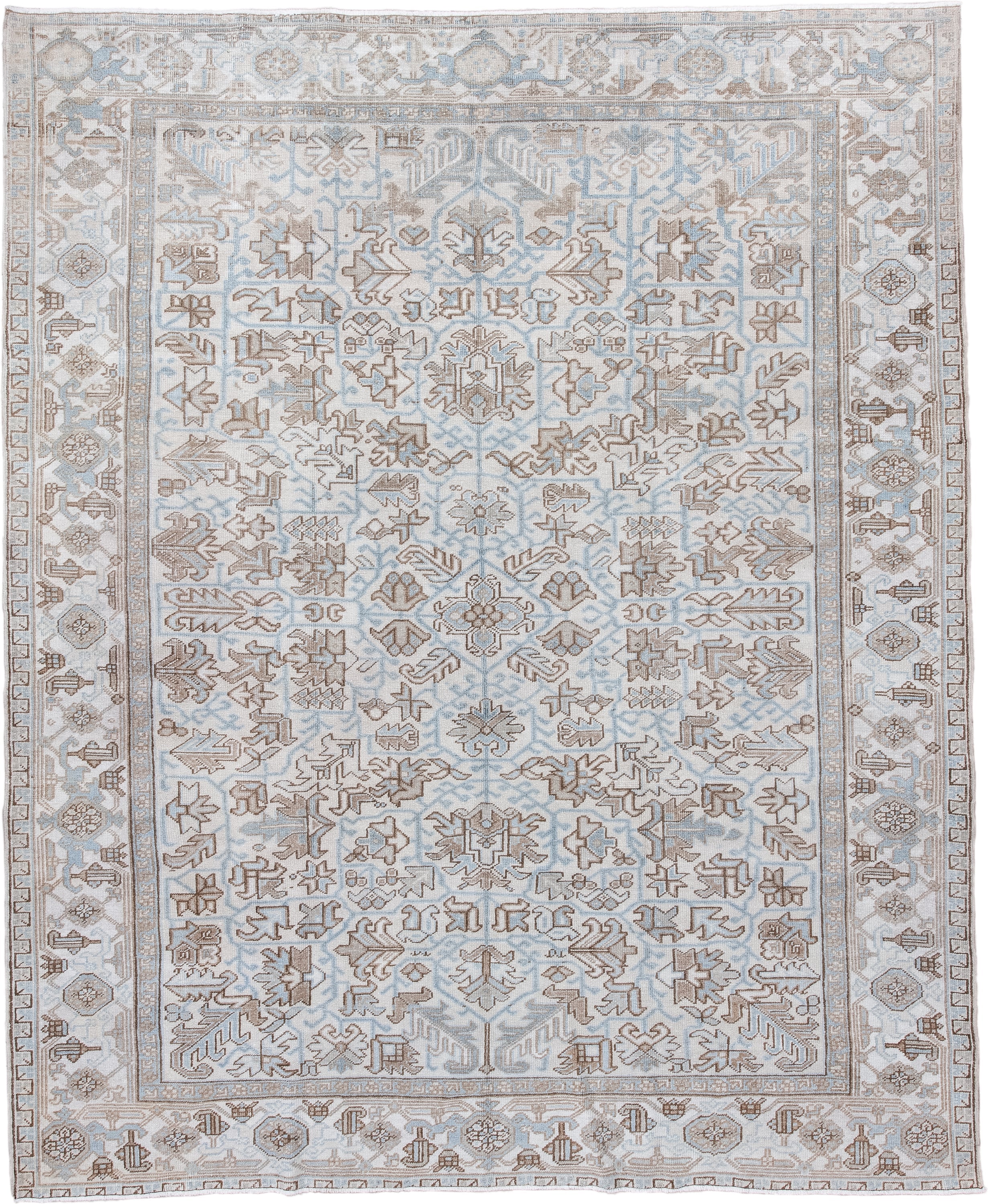 8' x 9' one-of-a-kind handmade antique Heriz rug. Color palette: ivory, pale blue, taupe, beige, light brown, light blue