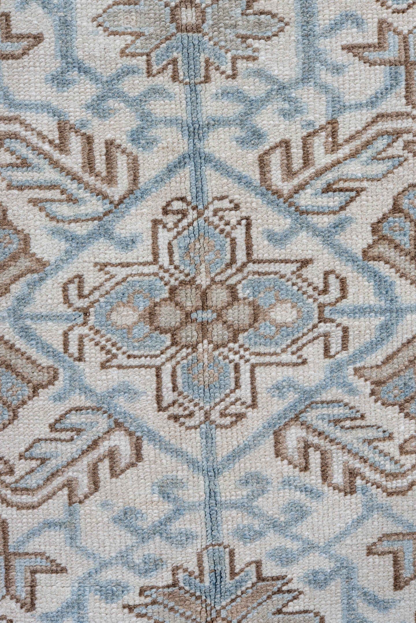 8' x 9' one-of-a-kind handmade antique Heriz rug. Color palette: ivory, pale blue, taupe, beige, light brown, light blue
