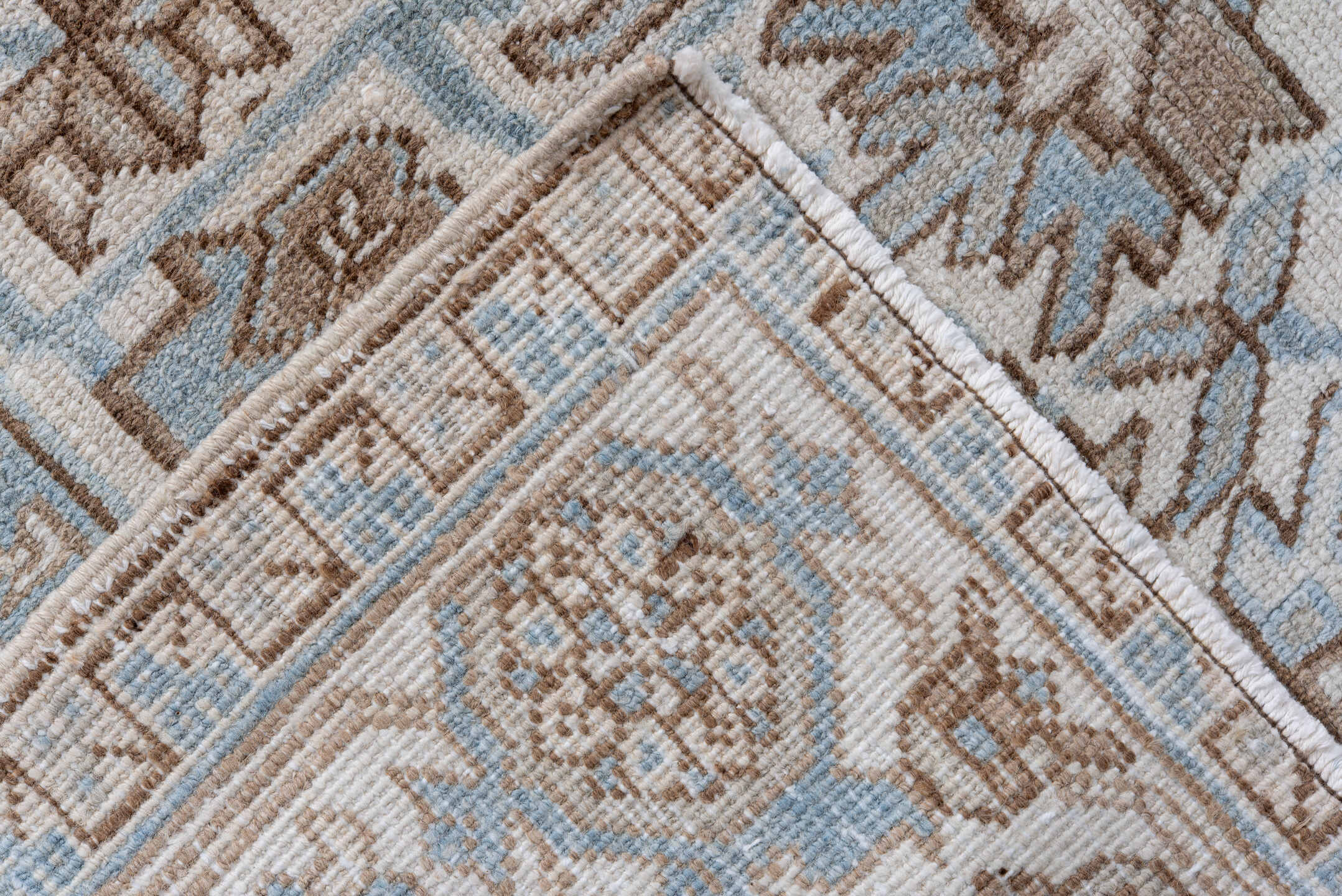 8' x 9' one-of-a-kind handmade antique Heriz rug. Color palette: ivory, pale blue, taupe, beige, light brown, light blue